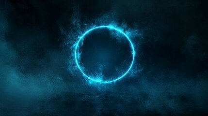 Wall Mural - Neon blue color geometric circle on a dark background. Round mystical portal. Mockup for your logo. Futuristic smoke. Mockup for your logo. generative ai