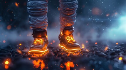 Wall Mural - A pair of glowing boots stand on a dark surface with flames and sparks beneath.