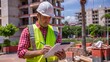 © Gophotograph - UHD 4K image depicting a construction site manager jotting down notes in a safety vest.