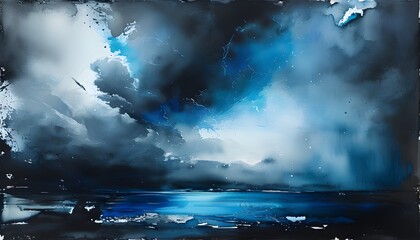 Wall Mural - Dramatic Abstract Watercolor Landscape with Chaotic Brush Strokes and Stormy Clouds in Dark Navy and Cobalt Tones