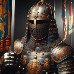 Man wearing Medieval Knights armor with heavy iron helmet
