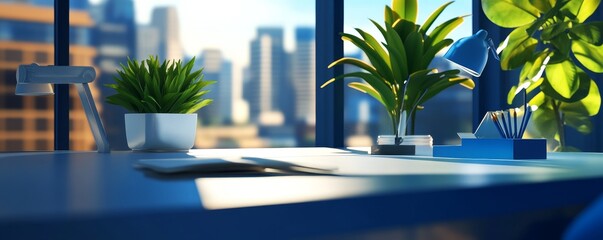 Bright office workspace with plants, natural light, and city skyline view. Ideal for modern decor and productivity themes.