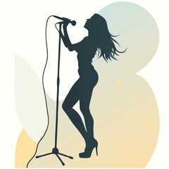 Wall Mural - a woman singing into a microphone. She is standing on one leg with the other leg bent at the knee and her arms stretched out to the sides