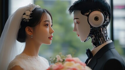 A human bride gazes at a humanoid robot groom, their eyes meeting in a futuristic wedding.