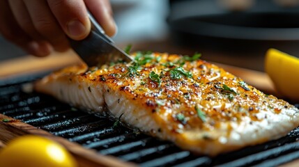 Wall Mural - Grilled salmon fillet garnished with herbs and lemon slices.