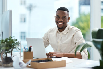 Poster - Smile, laptop and portrait of black man in office, digital agency or creative developer with confidence. Happy, web designer or consultant at tech startup with planning, computer and online research