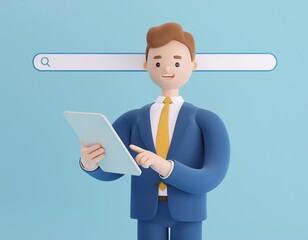 3D businessman in a blue suit holds a tablet and looks at a search bar, 3D illustration