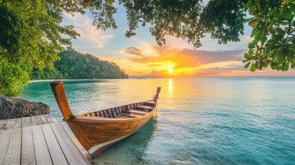 Wall Mural - A serene beach at sunset with a wooden boat and lush greenery.