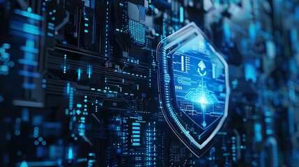 Wall Mural - futuristic digital shield with a glowing blue light, symbolizing cybersecurity and data protection.