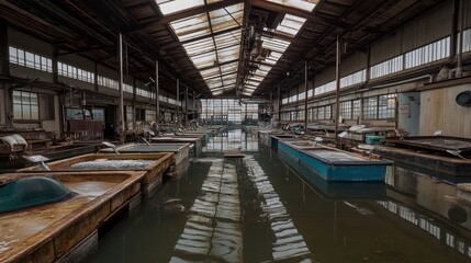 Wall Mural - A large, abandoned industrial space with water-filled areas and remnants of equipment.