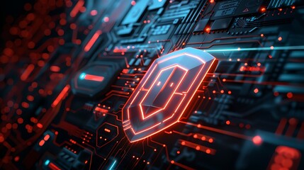 Wall Mural - glowing red shield on a futuristic circuit board, representing cyber security and data protection in