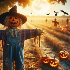 Halloween and autumn scarecrow in an open field representing fall season and Halloween party
