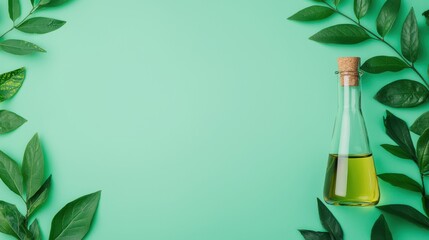 A glass bottle filled with oil surrounded by green leaves on a mint background, perfect for wellness and natural product themes.