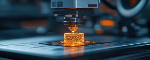 A high-tech 3D printer creating a detailed piece with orange material, showcasing precision and innovation in modern manufacturing.