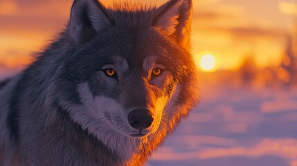 Poster - Close-up of a majestic wolf in a snowy landscape, showcasing its intense gaze and thick fur against a stunning sunset. 