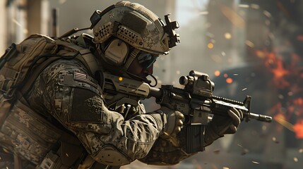 Soldier in full combat gear aims his rifle at an unseen target, amidst the chaos and smoke of a firefight.