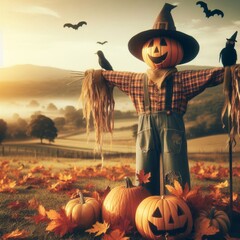 Halloween and autumn scarecrow in an open field representing fall season and Halloween party
