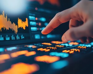 close-up of a hand interacting with a digital interface displaying vibrant charts and data analysis.