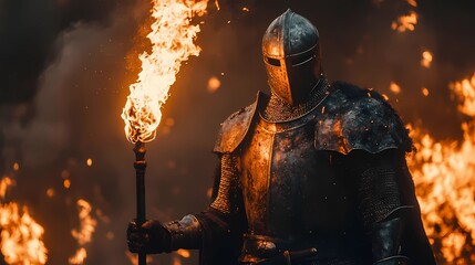 fantasy knight warrior holding fire torch surrounded by thick dark smoke