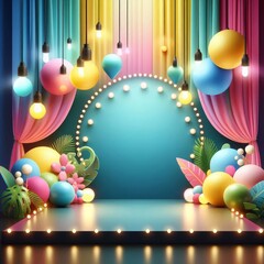 Colorful stage background with copy space , backdrop scenery with different colors making a multicolor and bright modern stage mockup with light bulbs
