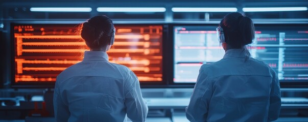 Two professionals in lab coats analyze data on digital screens, showcasing teamwork in a modern scientific environment.