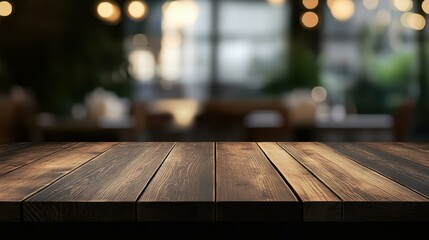 Sticker - A dark wooden table awaits in front of a restaurant, ideal for product displays against a blurred bokeh backdrop.