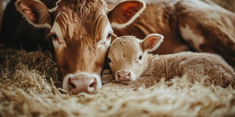 Wall Mural - Brown cow lying on hay with calf in barn