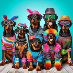 Creative animal concept. Group of Rottweiler dog puppy in funky Wacky wild mismatch colourful outfits on bright background advertisement, copy space. birthday party invite invitation banner
