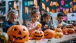 © Jesse - A group of children are engaged in a lively activity of carving and decorating pumpkins for Halloween. They are seated at a table filled with various pumpkins, both large and small, most of which have