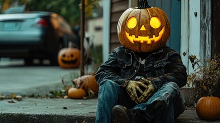 A person sitting on a pavement with a jack-o'-lantern carved pumpkin on their head. They are dressed in casual attire, including a denim jacket and gloves, and their posture is relaxed with hands clas