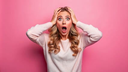 Bewildered woman captured in a full-body image, hands on her head and jaw dropped, with a pink background.