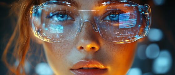 Close-up of a woman wearing futuristic augmented reality glasses, looking at the camera.