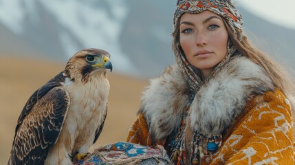 A Kazakh woman in traditional dress, sitting on a decorated saddle in the open steppes, with snow-capped mountains in the background. Her falcon rests calmly on her arm, symbolizing the nomadic