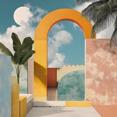 Wall Mural - Abstract Illustration of a Tropical Paradise With An Archway