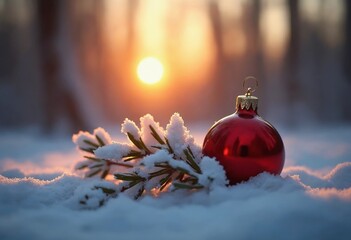 A red Christmas ornament rests on snow-covered leaves during a serene winter sunset in the forest