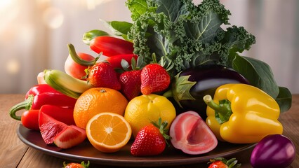 Close-up of vibrant fresh fruits and vegetables arranged in a balanced layout on a wooden table, symbolizing healthy gut nutrition and natural wellness