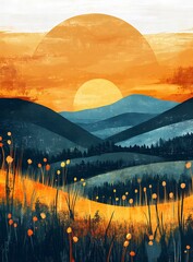 Sticker - Sunset Landscape with Mountains and Grass