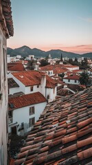 Sticker - Sunset View of  Red Tile Rooftops in a European City