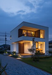 Wall Mural - Modern White House with Wooden Accents at Dusk