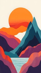 Sticker - Abstract Mountain Landscape With Sunset