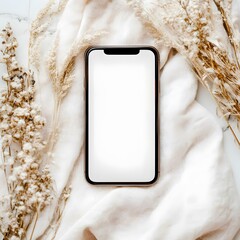 Canvas Print - Blank Screen Smartphone on White Fabric with Dried Flowers