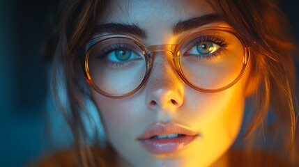 Wall Mural - Close-up portrait of a woman with glasses in warm lighting.