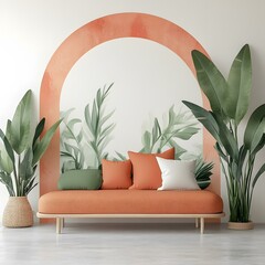 Sticker - Modern Living Room Interior Design with Arch and Tropical Plants