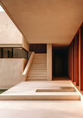 Poster - Modern Minimalist House Entrance with Stone Stairs and Wood