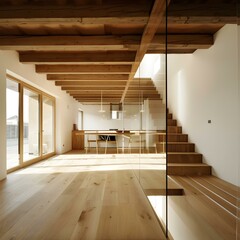 Poster - Modern Wooden Staircase And Glass Wall Interior Design