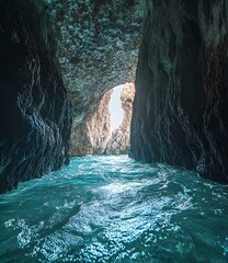 Wall Mural - Sea Cave with Blue Water and Sunlight