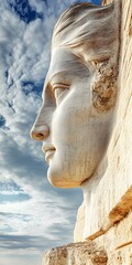 Close Up of a Stone Statue of a Woman Against a Blue Sky