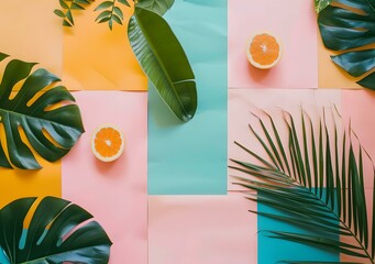 Wall Mural - Tropical Leaves and Oranges on Colorful Background