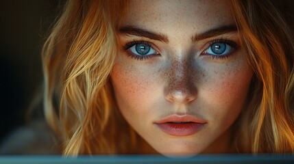 Wall Mural - Close-up portrait of a young woman with freckles and blue eyes looking directly at the camera.