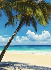 Tropical Beach with Palm Tree and Blue Sky